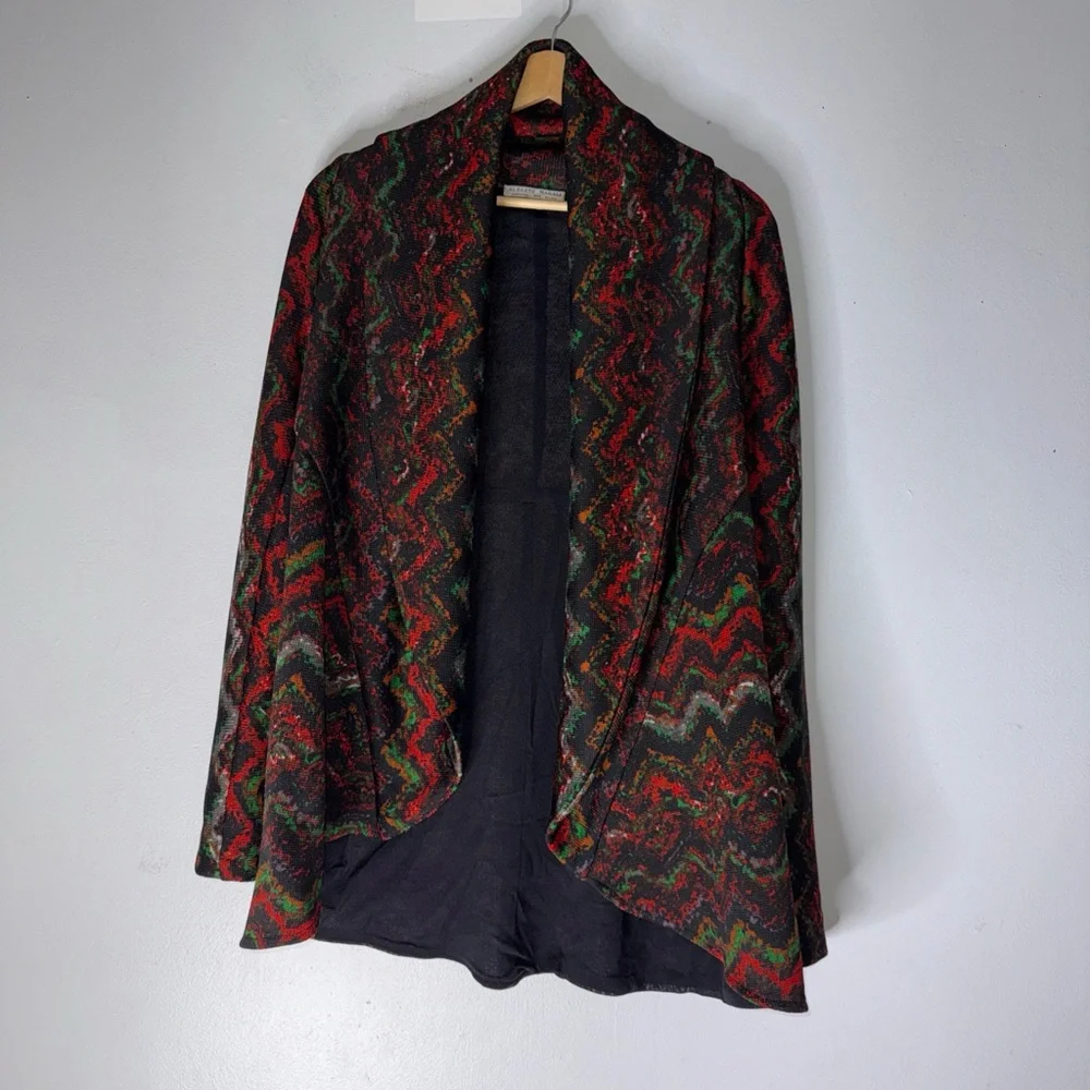 alberto makali‎ Red Black Green Zig Zag Wool Blend Open Cardigan Medium